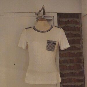 St. John Yellow Label Pull over top White Dark Striped Plaque Size S Small